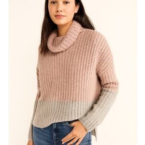 Abercrombie & Fitch Cowl Neck Color Block Chunky Knit Sweater Pink Gray